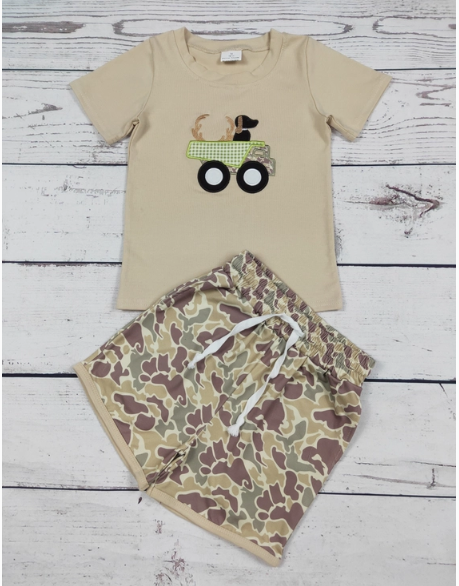 Boy camo Shorts Set Truck, Deer, and Dog